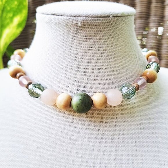 Unique Jade & Wood Bead Choker | Chunky Boho Necklace | Granola Girl Necklace - Picture 2 of 8